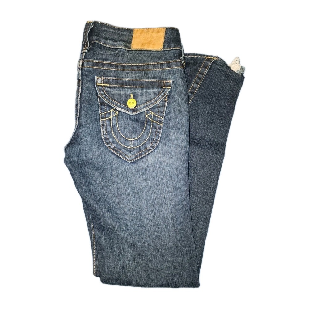 Womens Vintage True Religion Twist Flare Flap Pockets Jeans 28 x 31 Made In USA